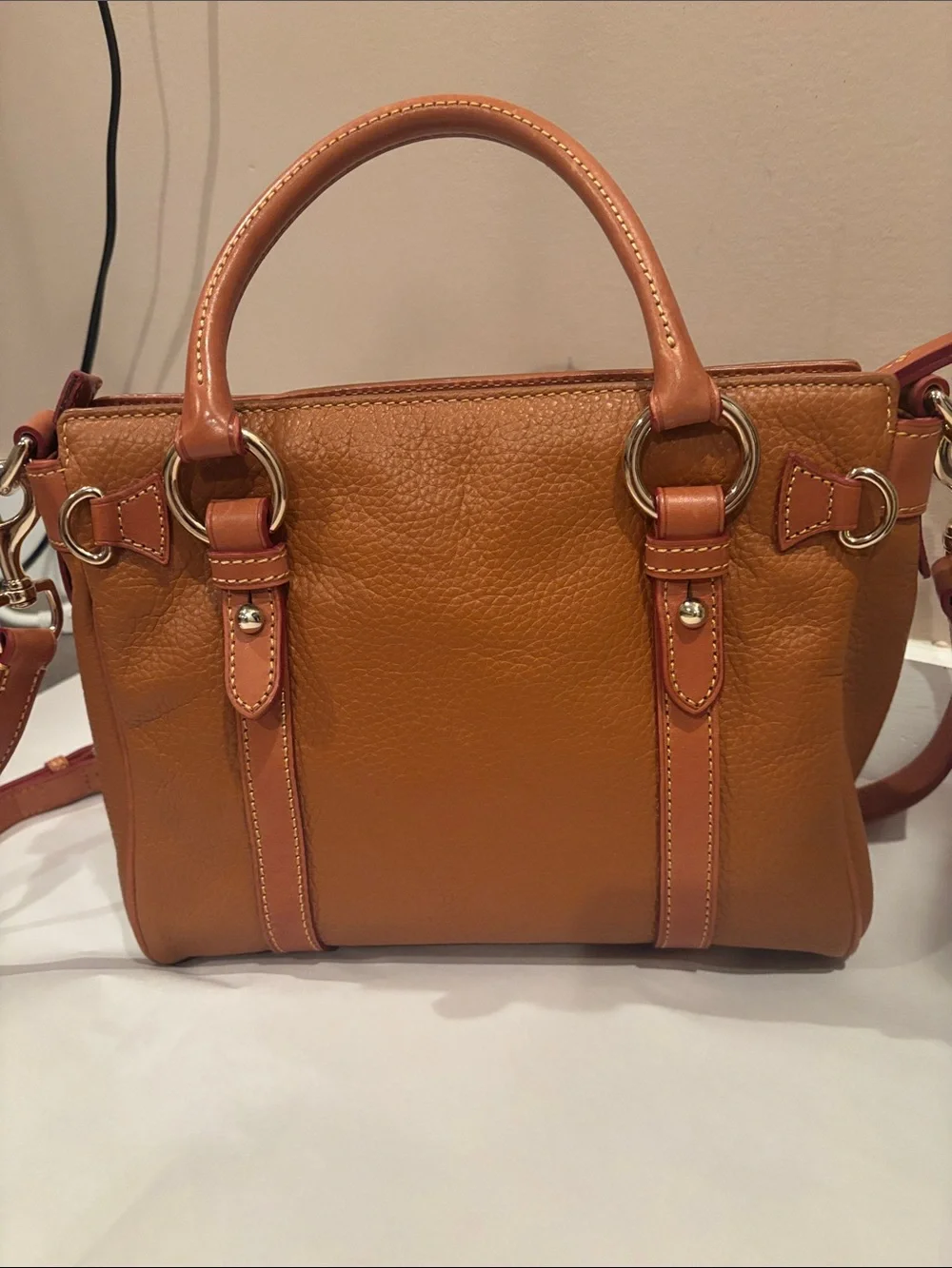 Dooney & Bourke Caramel Tan Pebbled Leather Satchel with Contrast Strap